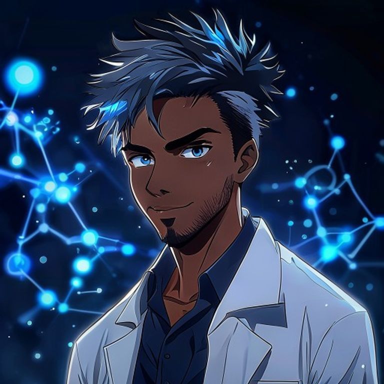 Anime-style portrait of the founder, a scientist with spiky hair in a lab coat